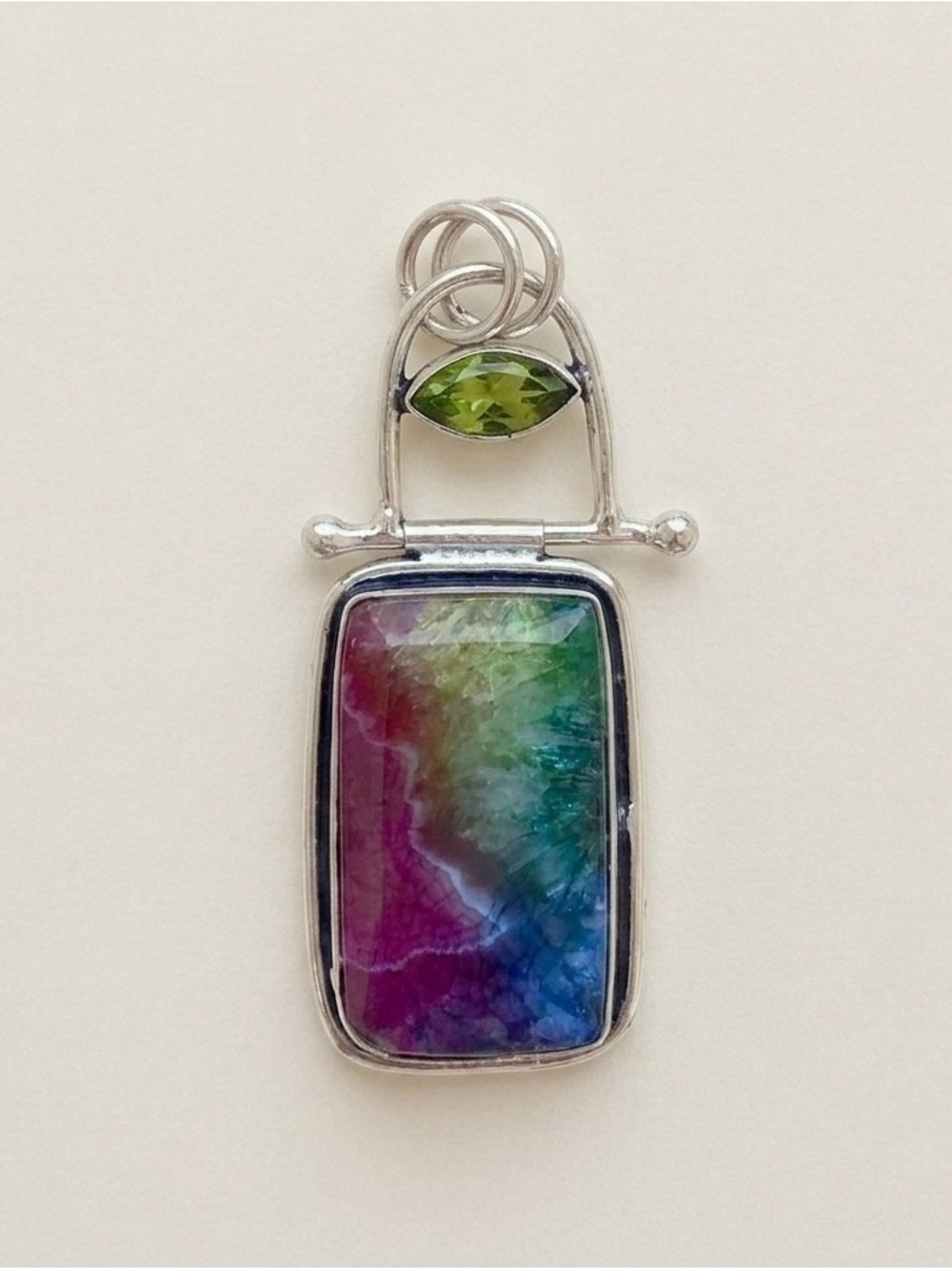 Rainbow Rectangular Quartz Pendant with Peridot Gem